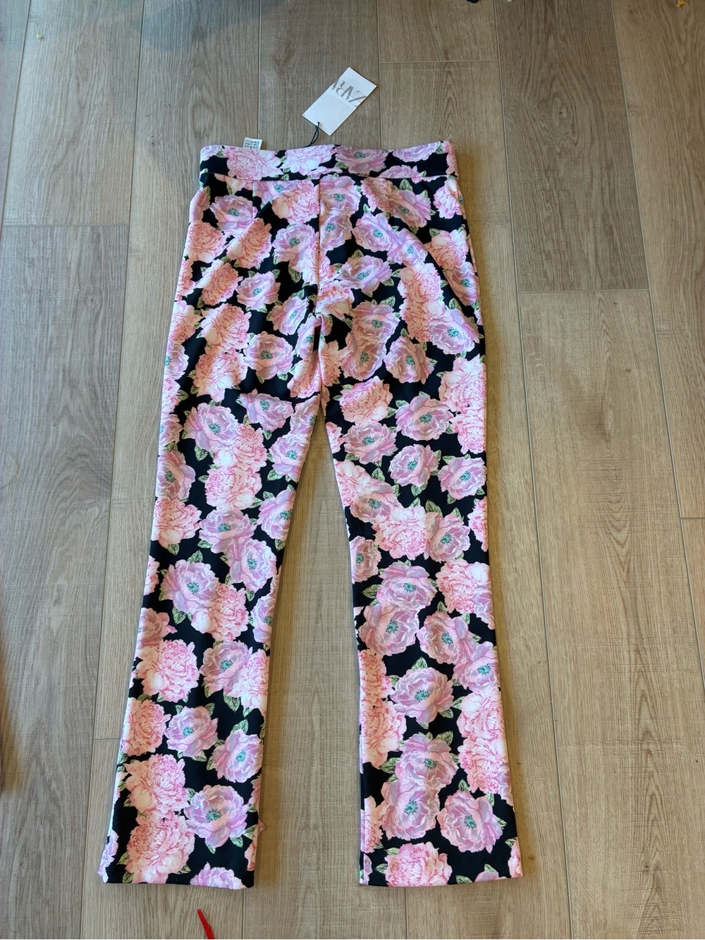 NWT Zara Pink & Black Floral boot cut Pants Large high rise stretch coquette - Picture 2 of 7